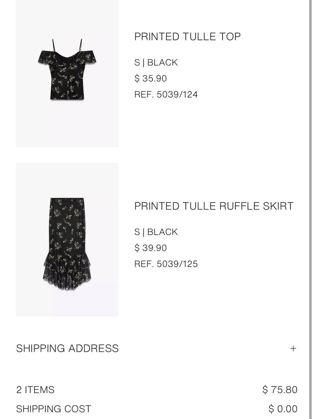 NWT Zara Printed Tulle Ruffle Midi Skirt - Black Floral